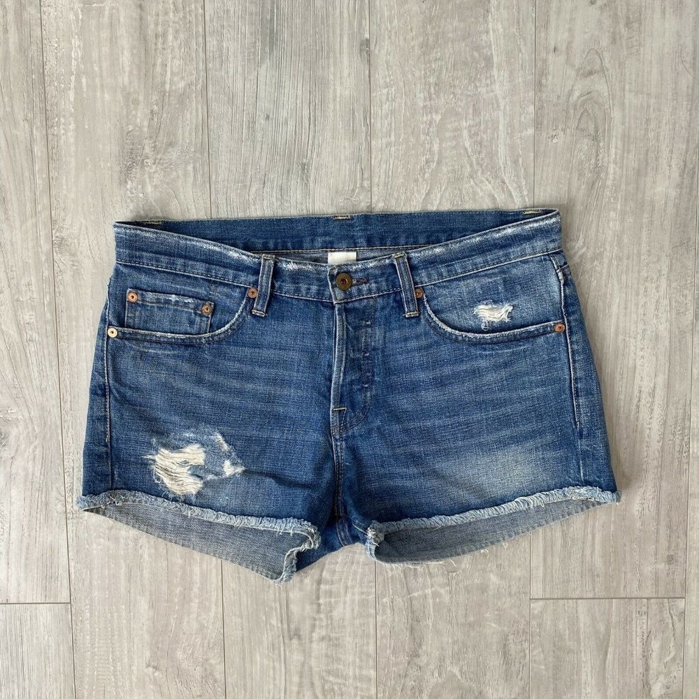 Womens NSF 27 Distressed Denim Shorts Hidden Button Close Blue